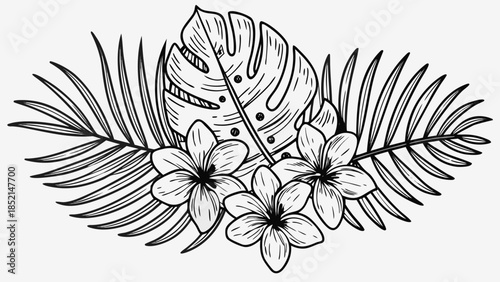 Tropical floral arrangement with monstera leaf and plumeria flowers