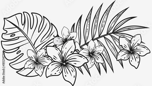 Tropical floral arrangement with palm leaves and plumeria flowers