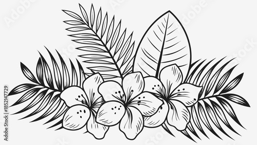 Elegant tropical floral arrangement with lush leaves and blossoms