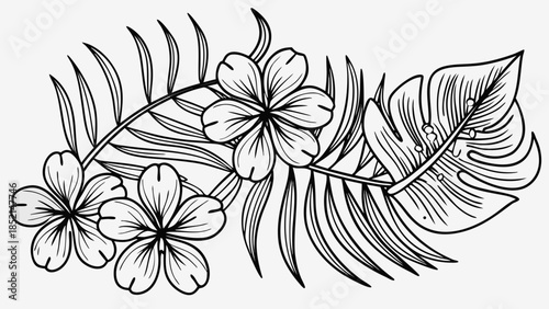 Tropical floral design with palm leaves and plumeria flowers