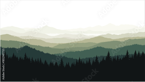 A seamless vector pattern featuring a misty green landscape with layered silhouettes of mountains and forest.