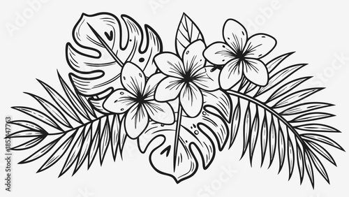 Tropical floral arrangement with plumeria and monstera leaves