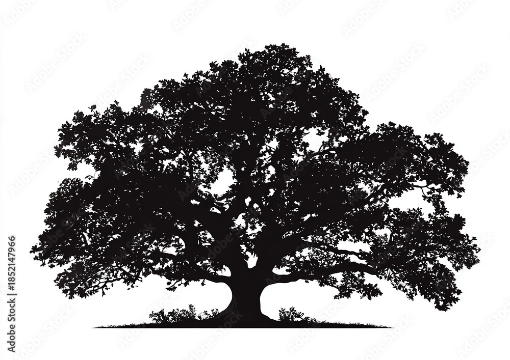 Fototapeta premium Black silhouette of a large oak tree with dense foliage and a grassy base nature