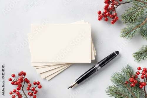 Writing thank you notes with festive touch using blank cards and fountain pen surrounded by red berries and pine branches creates joyful holiday atmosphere