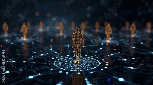 Futuristic digital illustration of a glowing human figure composed of binary code standing at the center of a high-tech network. Surrounding silhouettes represent connected individuals, symbolizing 