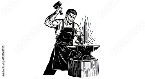 Blacksmith forging metal with hammer and anvil.
