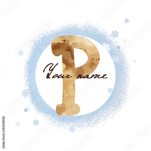 Winter family monogram in pastel colors in kids style. Letter P on white background