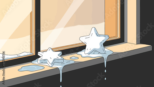 Melting star ornaments on a window sill with a warm glow