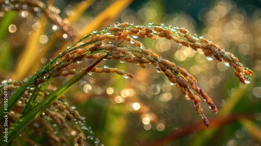 Fototapeta premium Close-up of Freshly Harvested Rice Plants with Water Droplets Glimmering in the Morning Sunlight in a Lush Agricultural Field