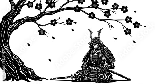 Samurai warrior meditating beneath a blossoming cherry tree in serene contemplation.