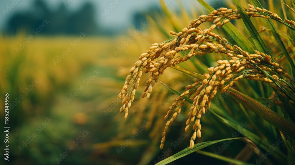 Fototapeta premium Golden Rice Fields in Late Summer with Lush Green Background and Soft Focus on Rice Crops Ready for Harvesting Under a Clear Blue Sky