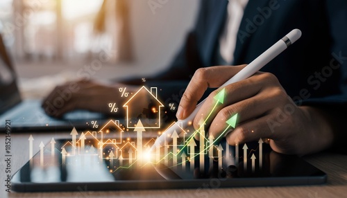 Business professional uses tablet to analyze real estate market data with graphs and numbers indicating trends and growth
