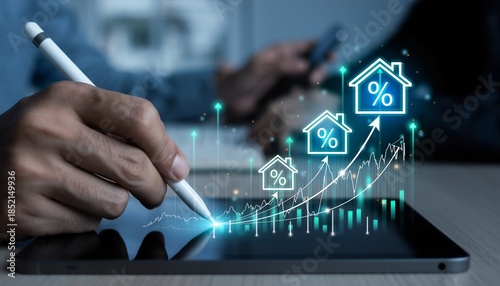 Explaining home loan interest rates and property market trends during a business meeting with digital tools