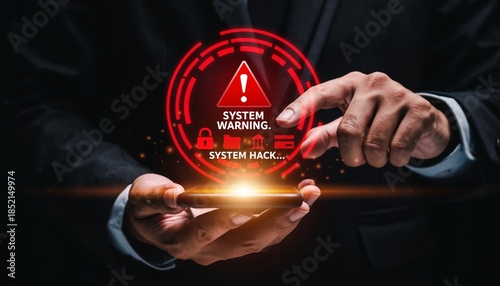 Warning about system hack with person using phone in dark setting showing alert on screen