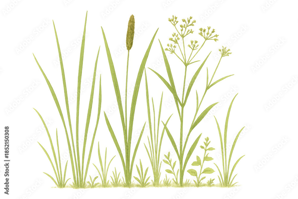 Obraz premium Lush spring and summer meadow plants growing, various green wild herb and floral vegetation on transparent background