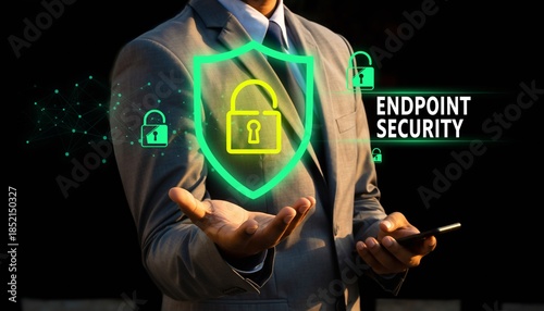 Professional man shows endpoint security with digital symbols in business setting during day