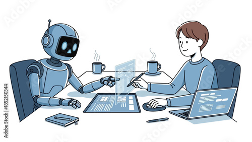 Innovative Human-Robot Collaboration AI Assistant and Person Interact with Advanced Digital Technology for Future Work and Project Development in a Modern Office Setting