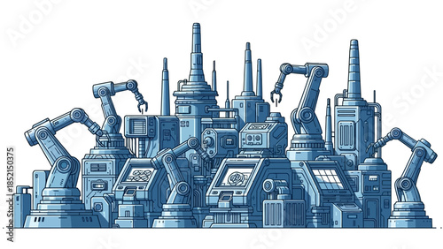 Intricate pixel art illustration of a sprawling futuristic industrial complex, showcasing advanced automated manufacturing with multiple robotic arms and sophisticated machinery