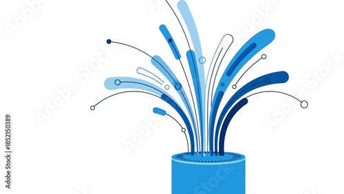 Dynamic digital data flow illustration showing an abstract explosion of information streams from a cylindrical source, representing technological innovation and connectivity