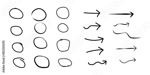A collection of hand drawn arrows and oval shapes in black ink on white background