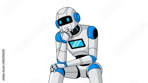 A white and blue robot with glowing blue accents sits in a contemplative pose, resembling a thinker, against a plain white background.