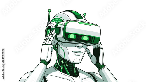 A futuristic white and green robot wearing a virtual reality headset, representing advanced technology and digital immersion.