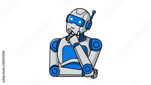 A cartoon robot in blue and white, with a thoughtful expression, pondering a problem.