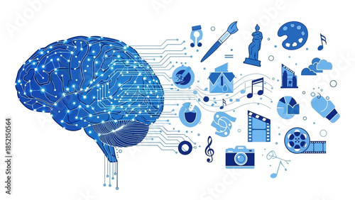 Conceptual illustration portraying the human brain as the epicenter of creativity, sparking a dynamic flow of imagination, artistic expressions, and innovative ideas
