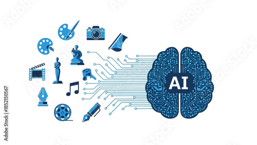 Conceptual illustration depicting the powerful integration of artificial intelligence with diverse creative fields and artistic endeavors, merging algorithmic precision with human-like imagination