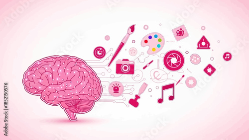 Creative Mindscape Conceptual illustration showing the human brain as the wellspring of artistic ideas, technological innovation, and diverse inspirations