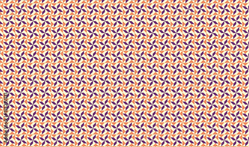 Seamless abstract repeating pattern with a vintage feel, featuring a geometric flower-like motif in orange and purple hues on a cream background
