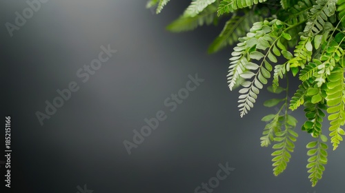 Lush green leaves cascade from the top of the image, set against a soft, blurred gray background, This photo can be used for nature-themed projects, wellness content, or botanical illustrations,