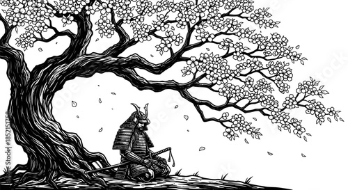 Samurai Contemplation Under Cherry Blossom Tree in Ink Drawing Style.