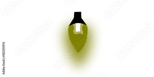 A single olive green teardrop-shaped light bulb with a black base, emitting a soft glow on a white background, perfect for festive designs.