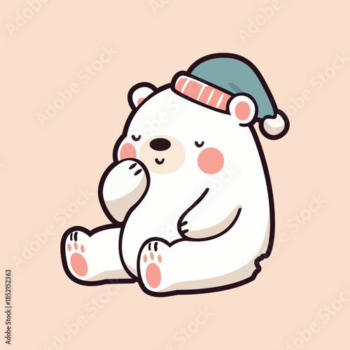 Cute Cartoon Polar Bear Wearing Sleeping Cap. Kawaii Vector Illustration of Sleepy Animal Sitting.