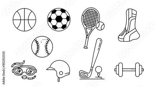 Outline Collection of Diverse Sport Equipment and Fitness Icons on Isolated White Background.