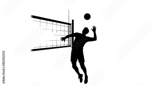 Dynamic Male Volleyball Player Silhouette Spiking Ball Over Net on Isolated White Background.
