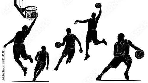 Dynamic Male Basketball Players Silhouettes in Action with Hoop on Isolated White Background.