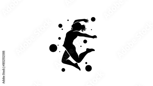 Energetic Female Silhouette Jumping with Abstract Dots on Isolated White Background.