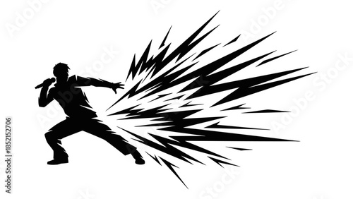 Powerful silhouette of a person shouting or singing into a microphone with an explosive energy burst on an isolated white background.