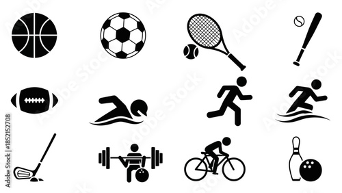 Minimalist collection of black and white sport icons for various activities on an isolated white background.