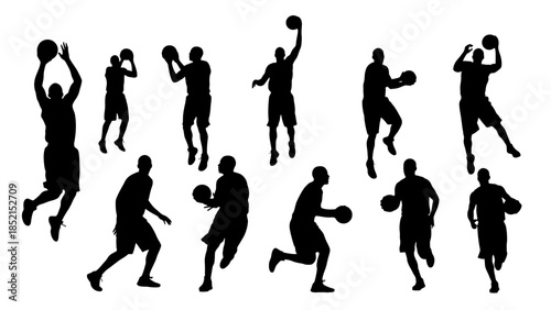 Collection of dynamic silhouettes of male basketball players in various action poses on an isolated white background.