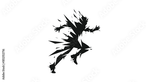 Dynamic abstract silhouette of a running person shattering into sharp fragments on an isolated white background.