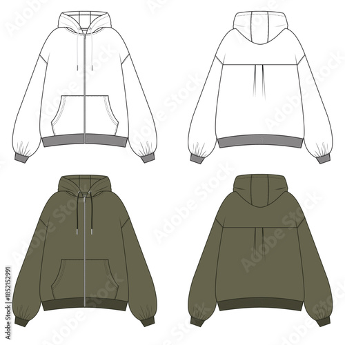 Women’s box pleat Oversized hoodie Technical Flat Drawing with Kangaroo Pocket Detail and Complete CAD Template