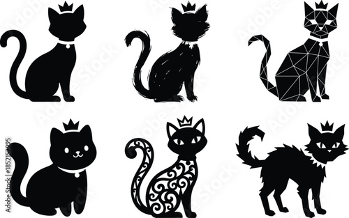Royal cat silhouette collection, crowned feline icons in multiple artistic styles vector
