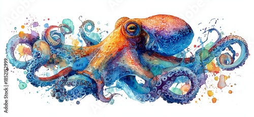 Vibrant watercolor octopus with swirling tentacles and splashes of color on white background marine life