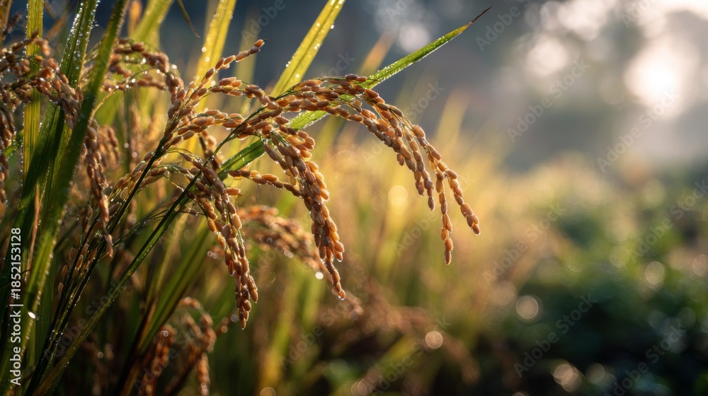 Fototapeta premium Morning Dew on Golden Rice Grains Surrounded by Lush Green Fields Under Soft Sunlight in Early Morning Hours of Nature's Bounty