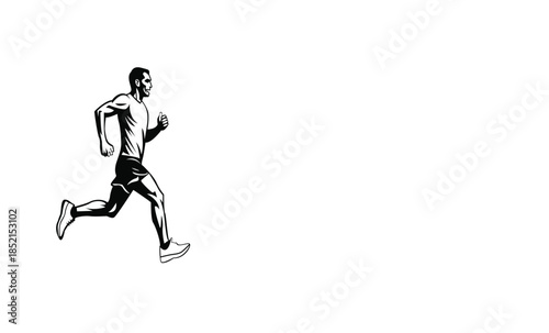 Running Man Vector Illustration. Retro Black and White Silhouette of Male Athlete Jogging.
