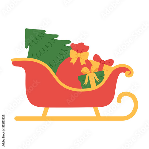 Santa sleigh illustration with Christmas tree and gifts in festive cozy style. For holiday designs, winter decor, greeting cards, gift tags, seasonal branding, nursery art. Flat vector. Hand drawn.