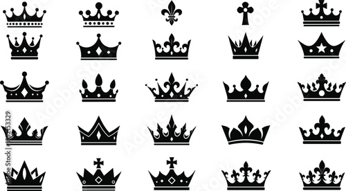 Assortment of Royal Crowns and Heraldic Symbols in Silhouette king queen